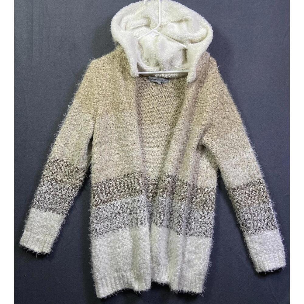 Absolutely Famous Womens Super Soft Striped Gray Tan White Hooded Cardigan Large
